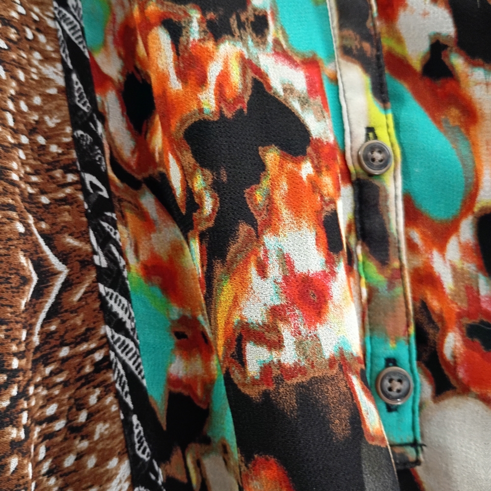 Calvin Klein Blouse Women M‎ Multicolor Abstract Chiffon Tunic Button 3/4 Sleeve - Picture 8 of 9
